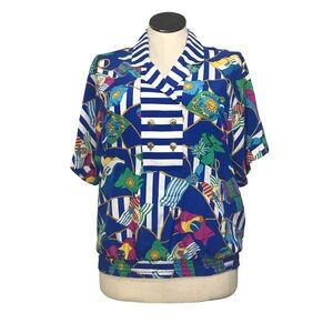 Jordana Pullover Blouse Women’s Size L (14/16) Color Blue Multiple Flags Print